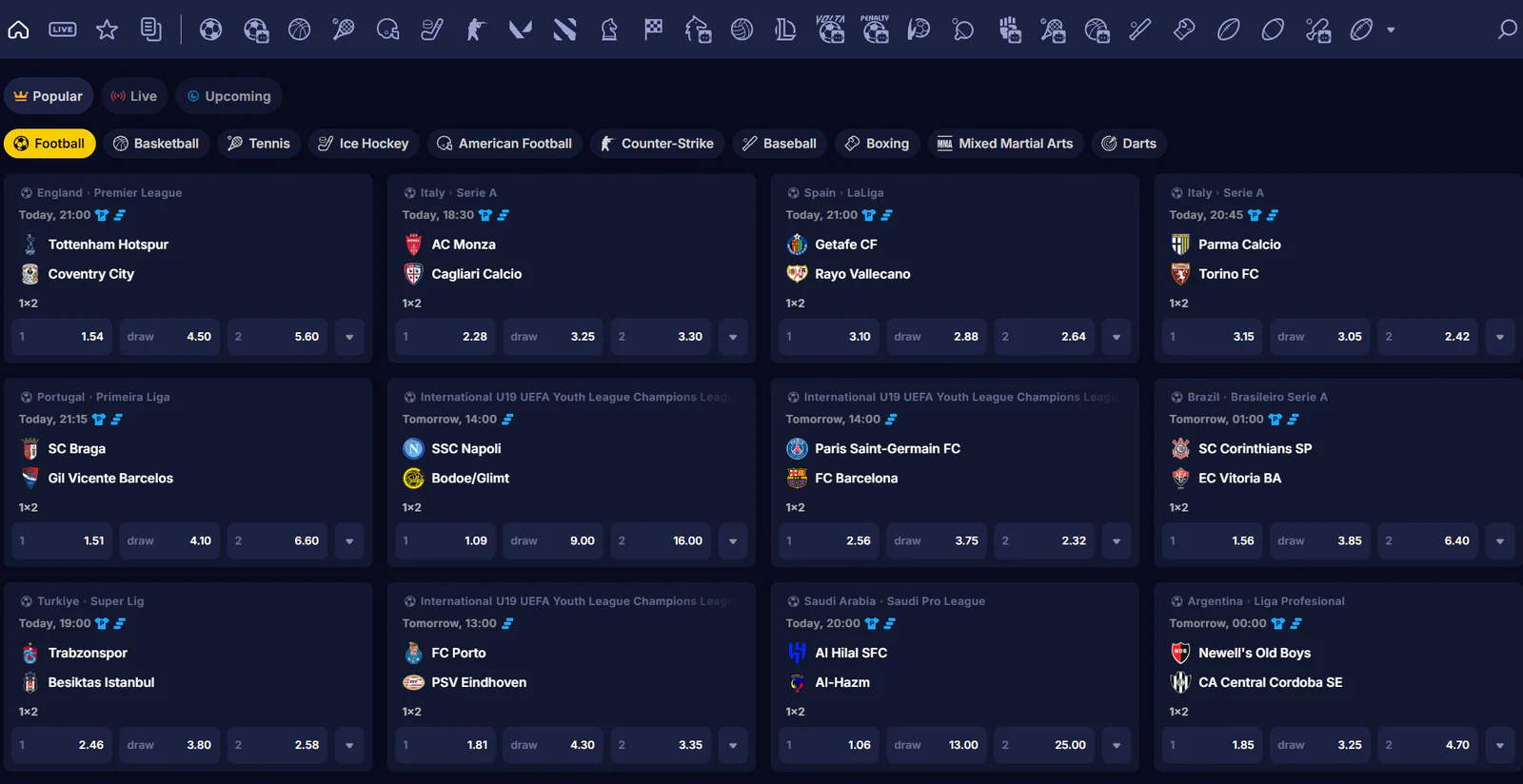 Bananzia Casino sportsbook showing football matches from the Premier League, Serie A, La Liga and other competitions with 1X2 betting odds